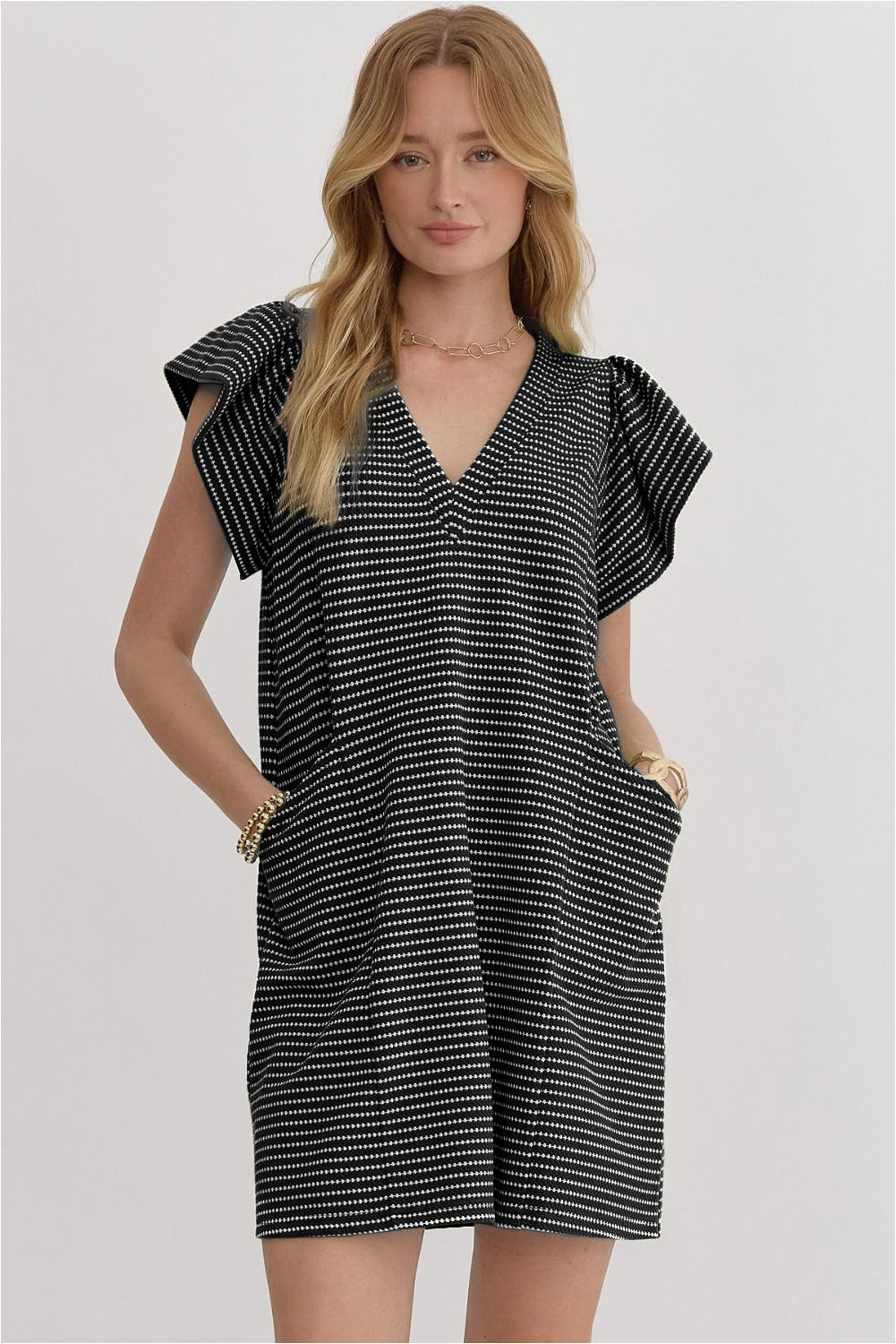 Blue Stripe Textured Knit V Neck Flutter Sleeve Shift Mini Dress be85e46fa800b5a0