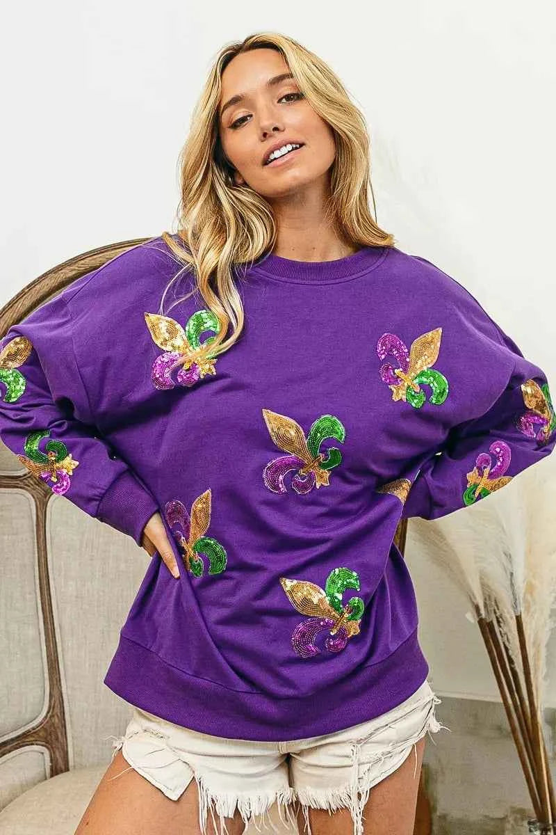 BiBi Fleur De Lis Sequin Patches Mardi Gras Sweatshirt be8628bf99864dbcb33ab2ecc03a965a-Max-Origin
