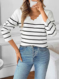 Striped V-Neck Long Sleeve Sweater White be88838c3ca2441ab7fd0d136c3ce66e-Max-Origin