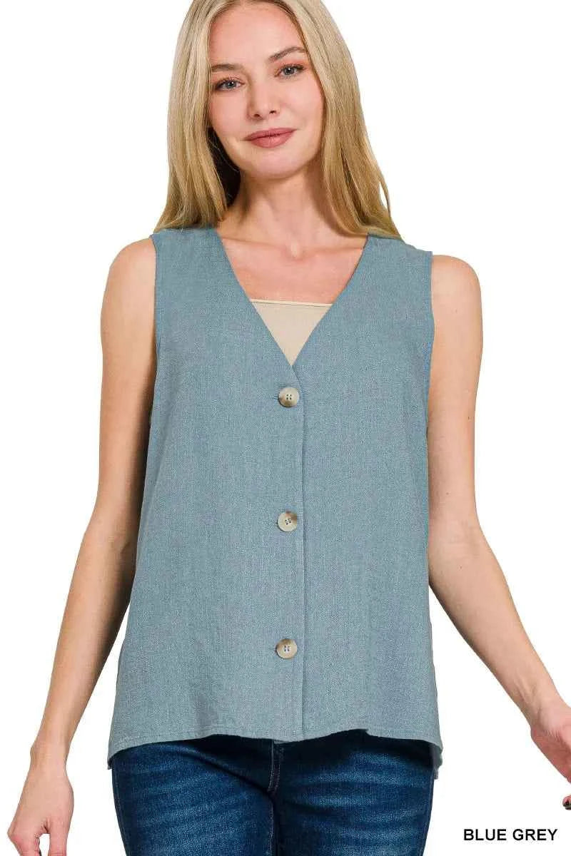 Zenana Side Slit Button-Front Vest BLUE GREY be8d46f8a277419b852396e8ddafc4be-Max-Origin