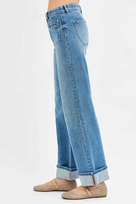 Full Size Elastic Band Mid Rise Wide Front Patch Pocket Cuff Jeans Plus Size be91ddb93df7435fad6e4acb13321b3f-Max-Origin