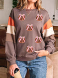 Sequin Bow Pumpkin Round Neck Sweatshirt Taupe be92db63eb3f4abe847b492cf4364d67-Max-Origin