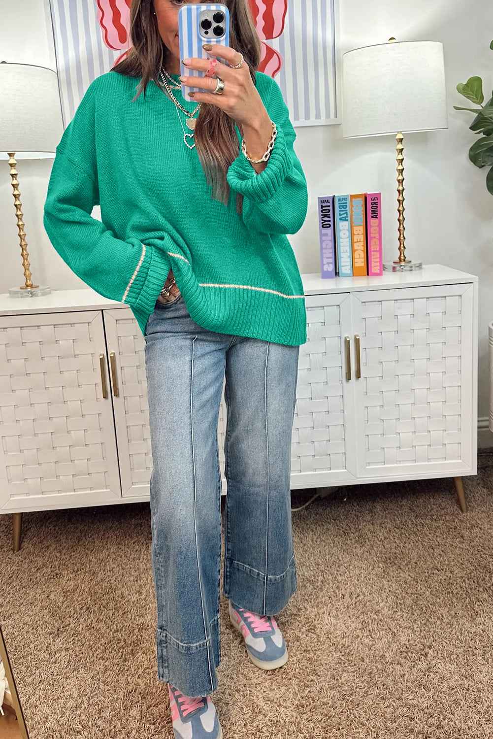 Sea Green Contrast Detail Drop Shoulder Baggy Sweater be938650f39c6ce8