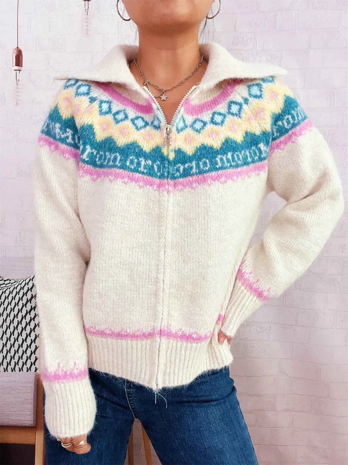 Fair Isle Pattern Zip-Up Cardigan be962e9648284c3c8936e556acde35ed-Max-Origin