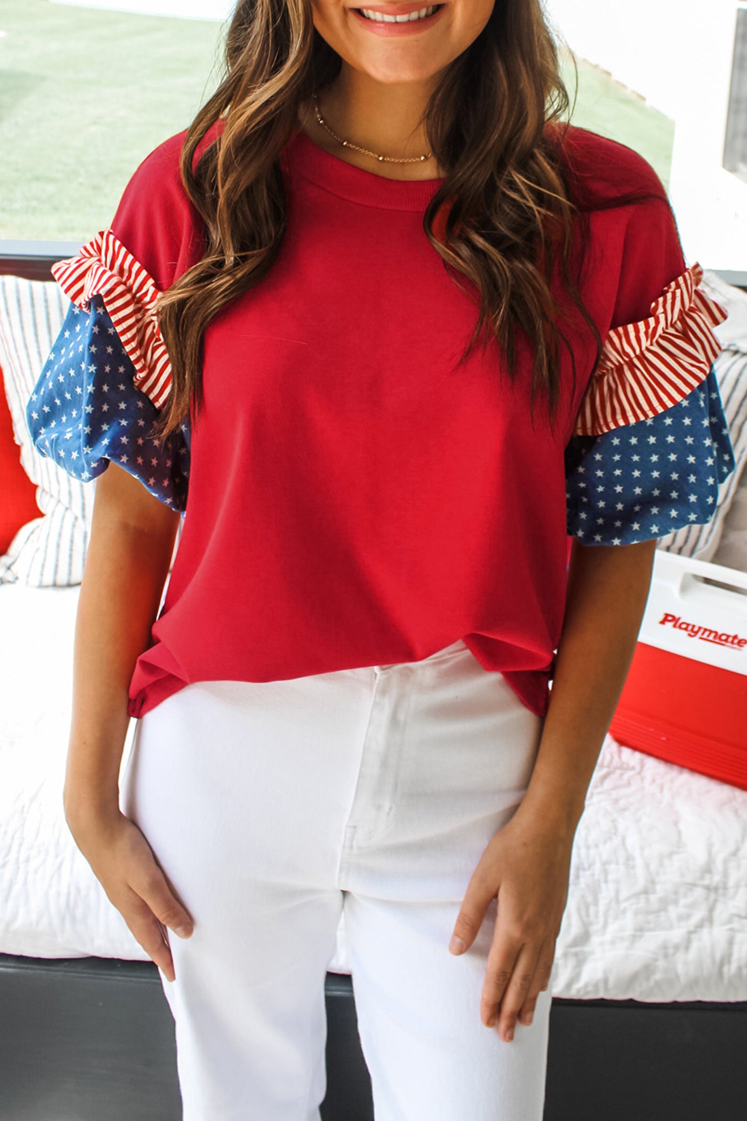 Fiery Red Stars Stripes Short Puff Sleeve Top Fiery Red 95%Cotton+5%Elastane be988545981a5806