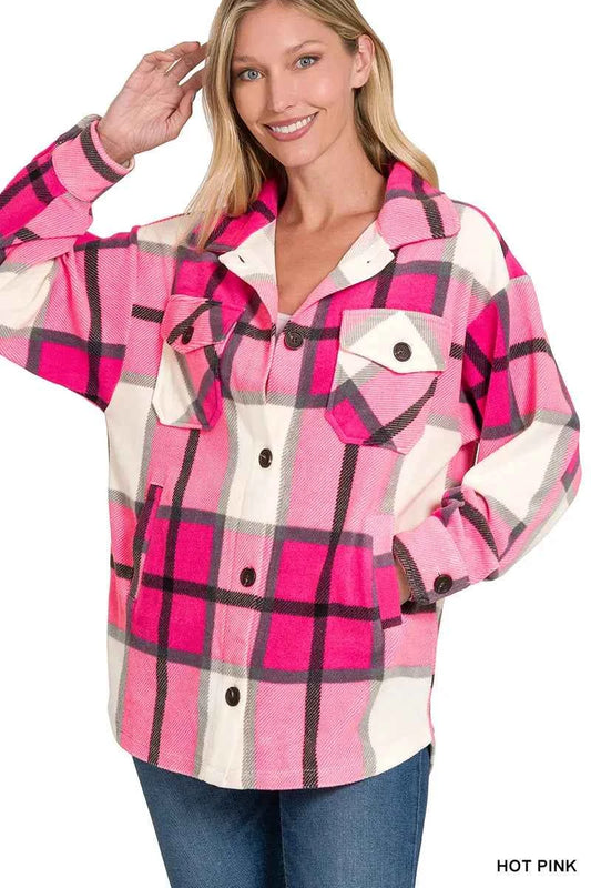Oversized Plaid Fleece Shacket HOT PINK be9a89b8-b608-400d-acd2-afc4a6e610d7-Max-Origin