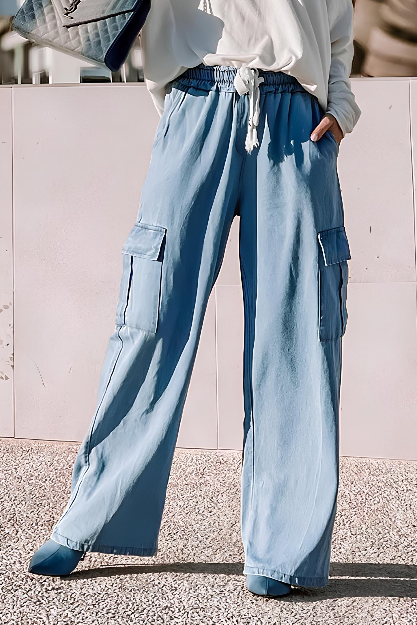 Drawstring Cargo Pocket Wide Leg Jeans