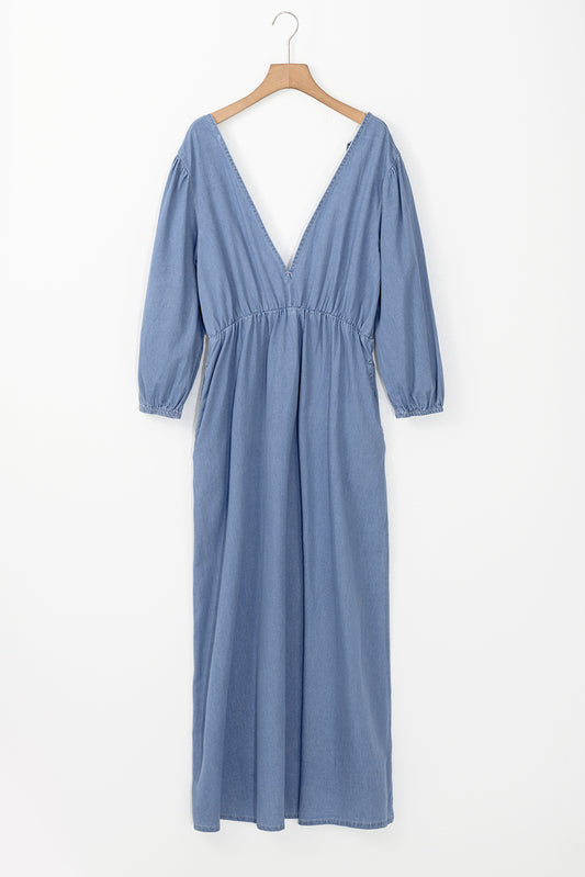 Myosotis Chambray Deep V Neck Bracelet Sleeve Maxi Dress bea13342ed3328ed