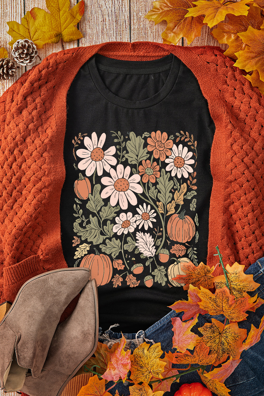 Black Wild Flower Pumpkin Heat Transfer Printing T Shirt Black 62%Polyester+32%Cotton+6%Elastane bea494506a18cb0f