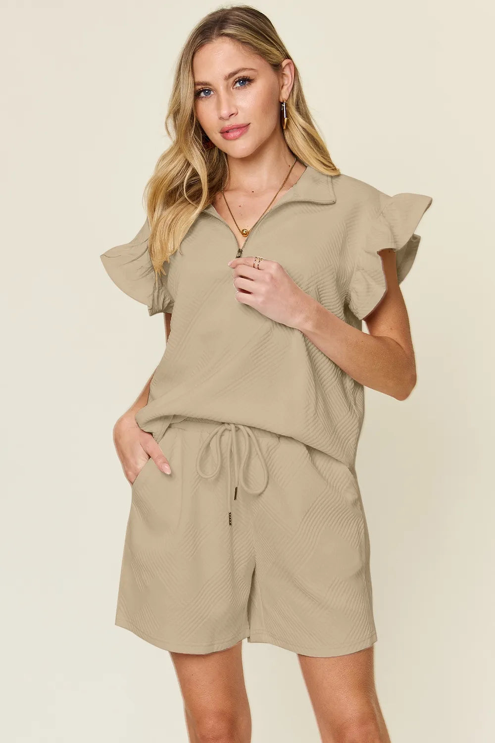 Double Take Full Size Texture Flounce Sleeve Top and Drawstring Shorts Set Khaki bea59a7f-3d81-44de-acd5-2b96810f1c94-Max