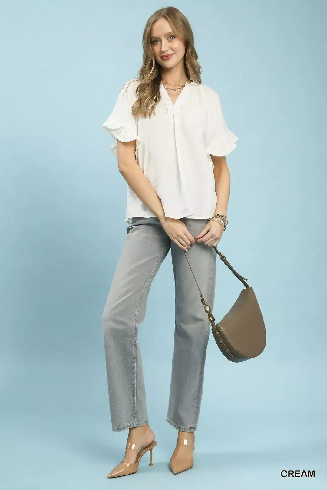 Umgee Ruffle Sleeve V-Neck Flutter Blouse beb076a2-0ad2-4540-bbcf-4ac30f85d7f4-Max-Origin