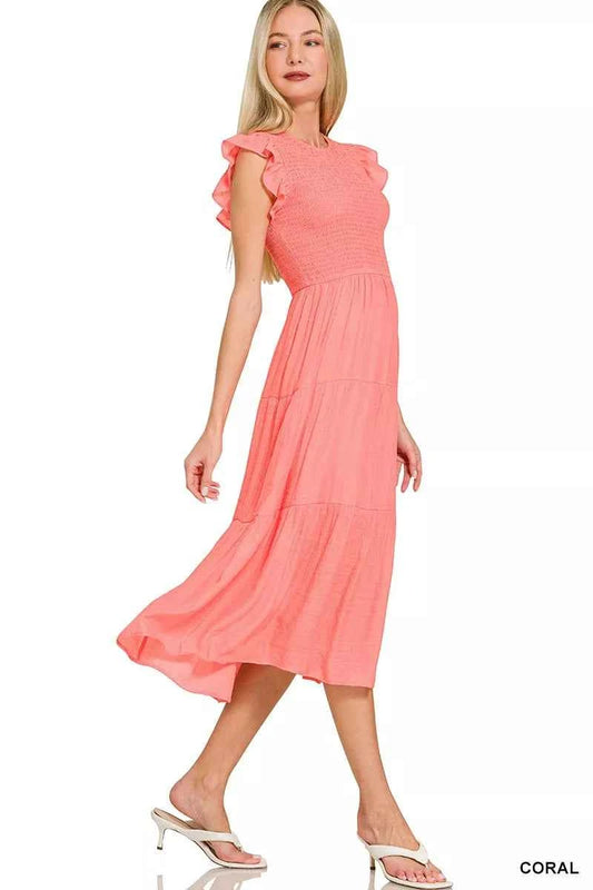 Zenana Woven Smocked Ruffle Sleeve Midi Dress beb0effe85944f019a0ffacc550975f5-Max-Origin