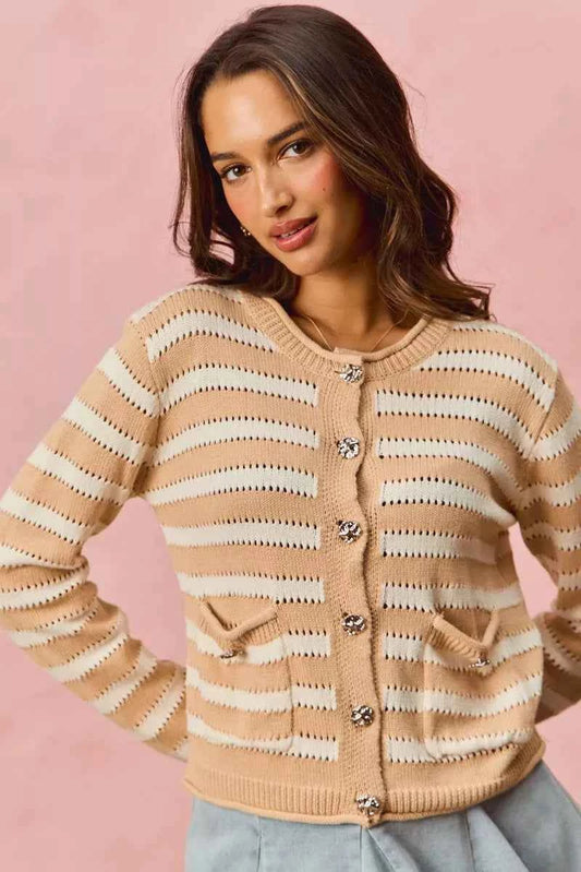 Stripe Long Sleeves Button Sweater Cardigan beb2ee1f585845a99f9ff3a608f2c640-Max-Origin