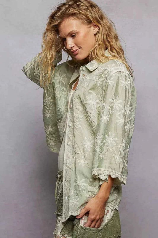Embroidered Floral Collared Neck Shirt with Scalloped Edges beb90e5f-cdf7-4604-8383-f573d3b04fe4-Max-Origin