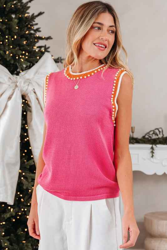Contrast Trim Pearl Crewneck Sweater Top Bright Pink bec1d178-e4ee-446f-9ee5-a4beffe100af