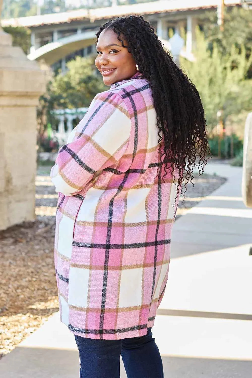 Double Take Full Size Plaid Button Up Lapel Collar Coat bec54c5f83a04af98e6cdf4a7400ad3e-Max