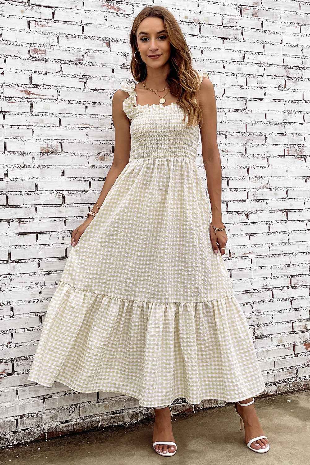 Plaid Ruffle Strap Square Neck Dress bec5771f5c6b43c08aef52ae8ad22c36-Max