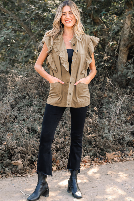 Pale Khaki Ruffled Patchwork Denim Jacket Vest bec77964301d8d04