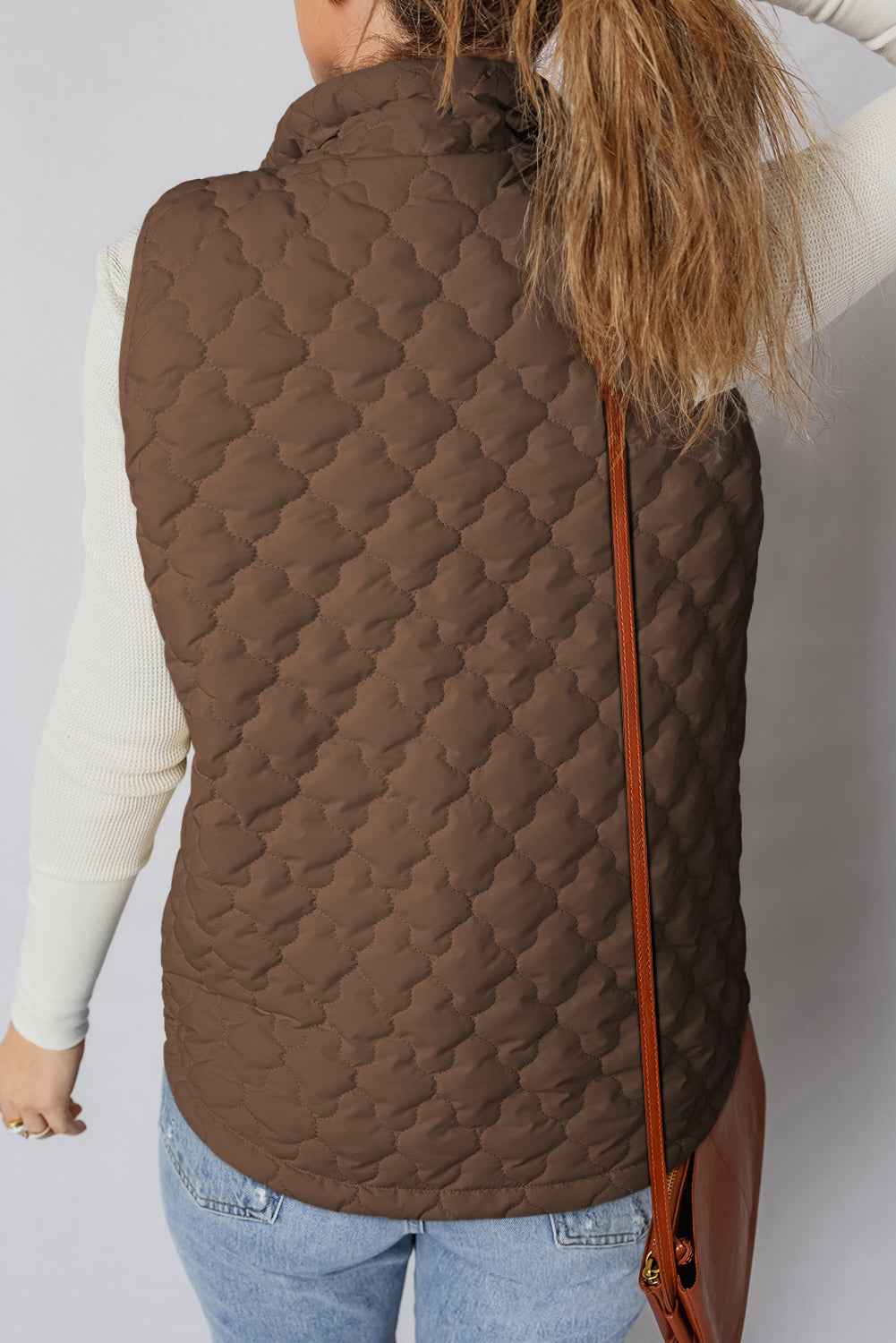 Dark Brown Flower Shape Quilted Snap Button Zip Up Winter Vest bec9dc56977ee5b0