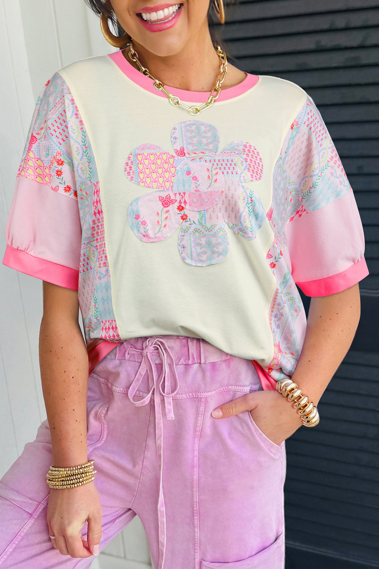 Beige Color Block Floral Patchwork Big Flower Accent Relaxed Top Beige 62%Polyester+32%Cotton+6%Elastane bec9e3a112b68453