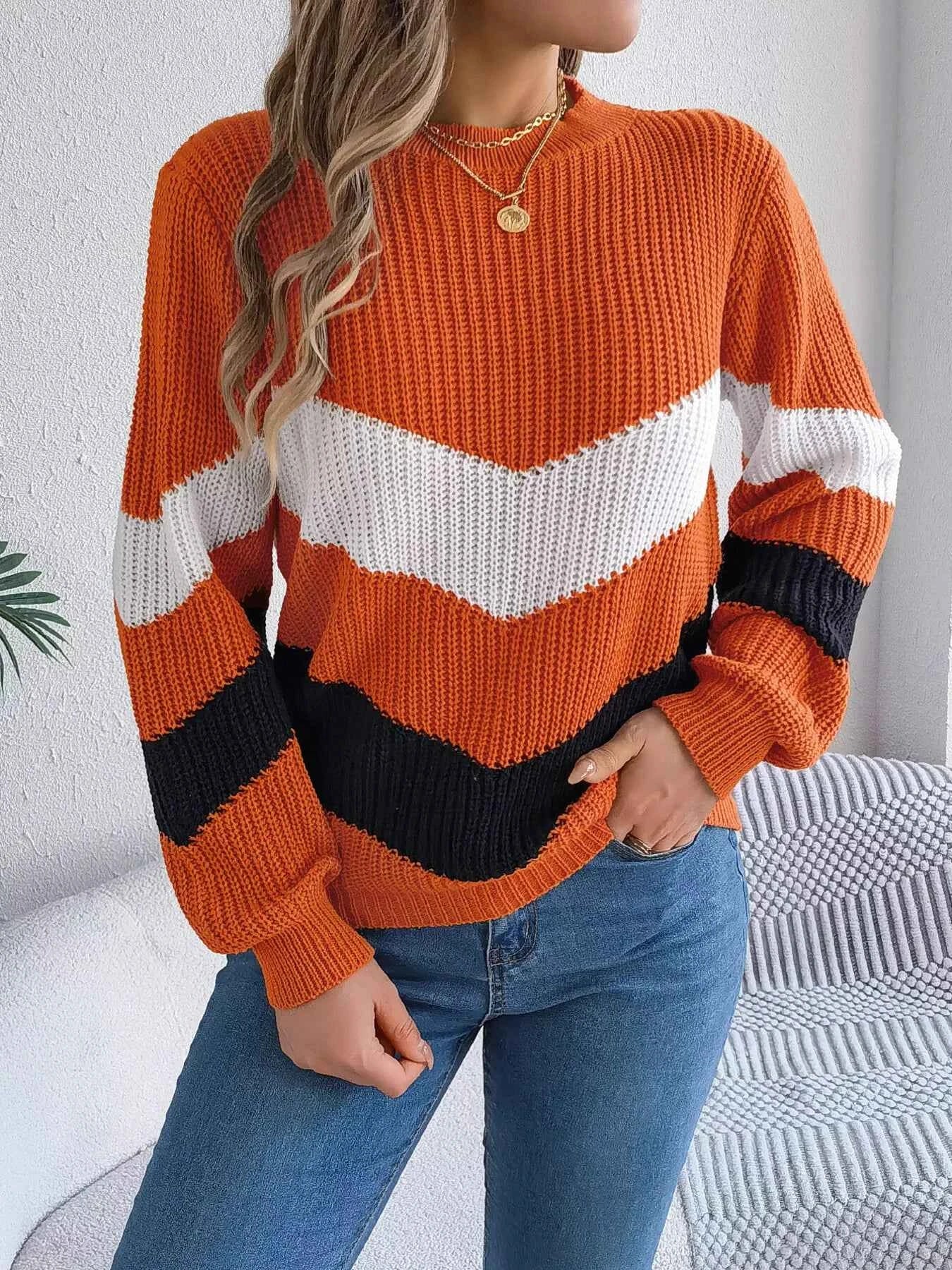 Chevron Stripe Color Block Round Neck Sweater bece5b831e004572a7f61dd0896a2b59-Max-Origin
