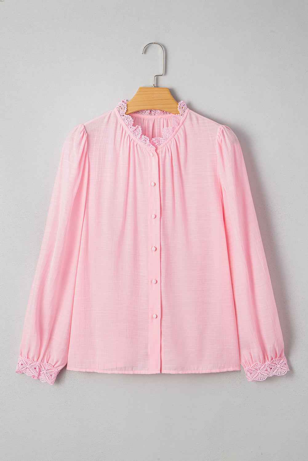 Gossamer Pink Lace Patchwork Edge Collarless Button Up Shirt beceafef521c7938