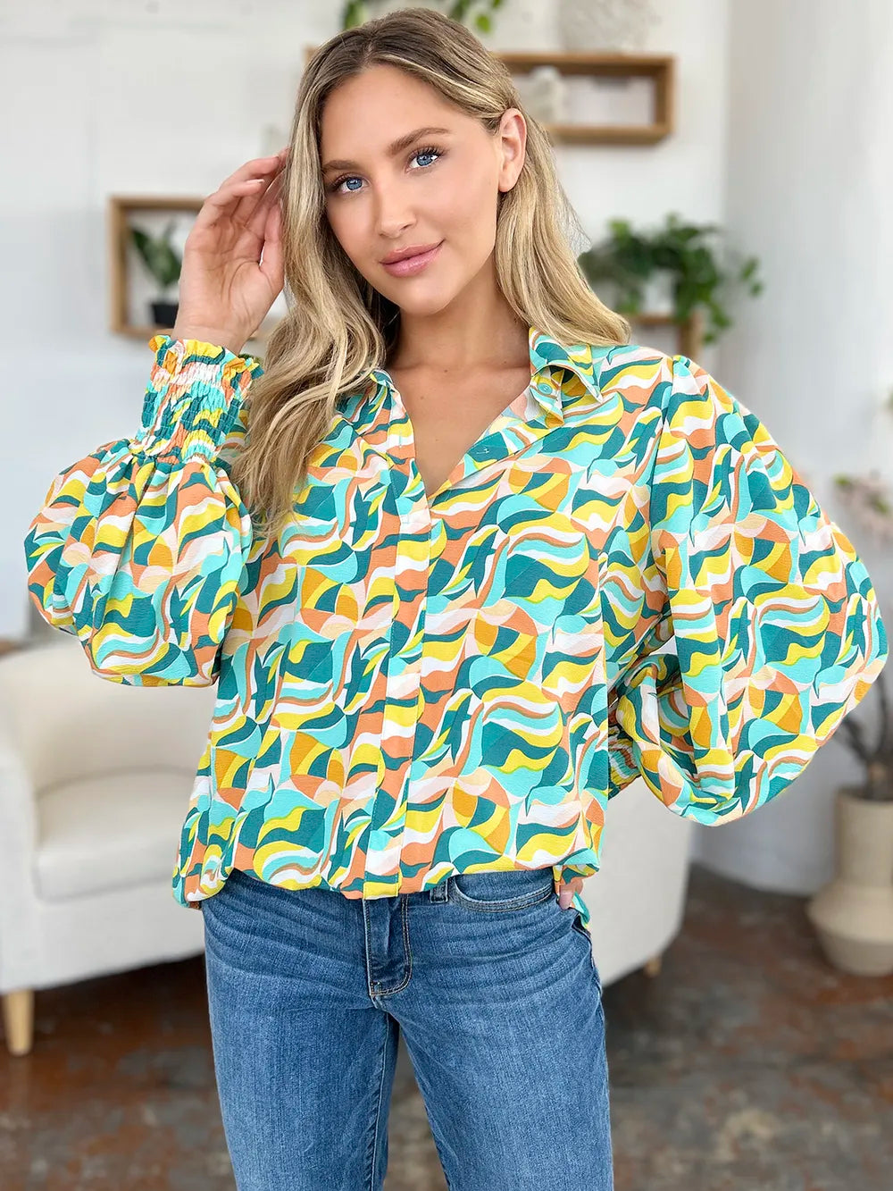 Double Take Full Size Printed Smocked Long Sleeve Blouse becf8bdd-8091-4c19-b0bd-117a992696d7-Max