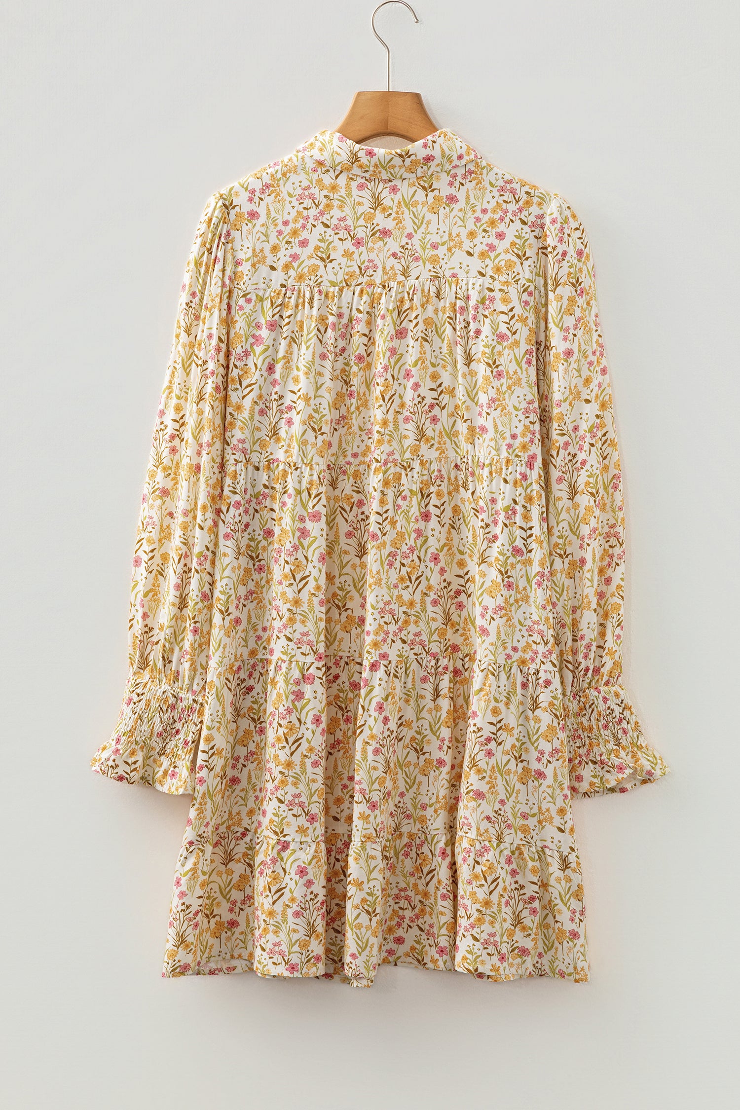 Yellow Floral Print Frilly Trim Smocked Cuff Long Sleeve Loose Shirt Dress bed823c668548539