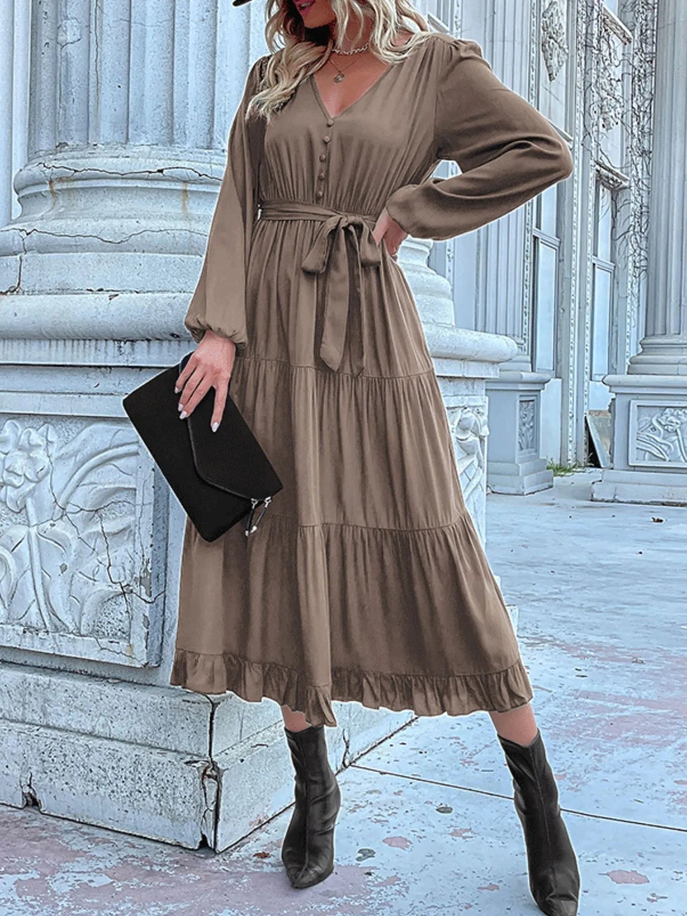 Ruffled Hem V-Neck Balloon Sleeve Dress Taupe bee39557-a9f7-40bf-a3b6-30aaf46cd2c2-Max-Origin