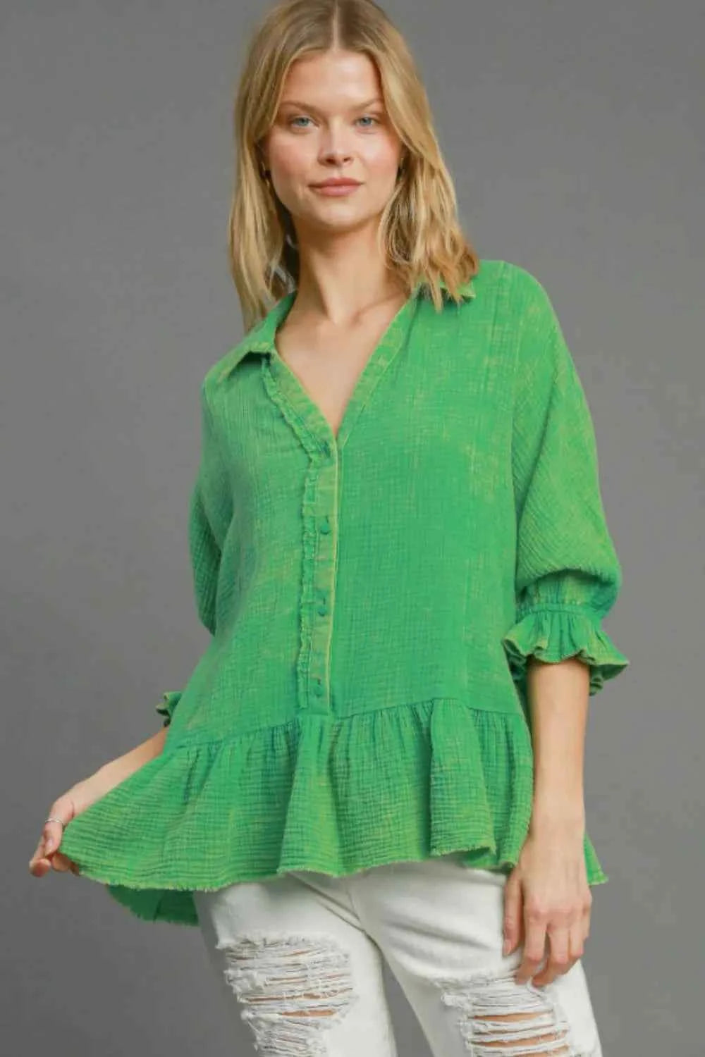 Umgee Full Size Mineral Washed Cotton Gauze Top Plus Size Green bee4891a-2c76-449d-9136-d352bd4597af-Max