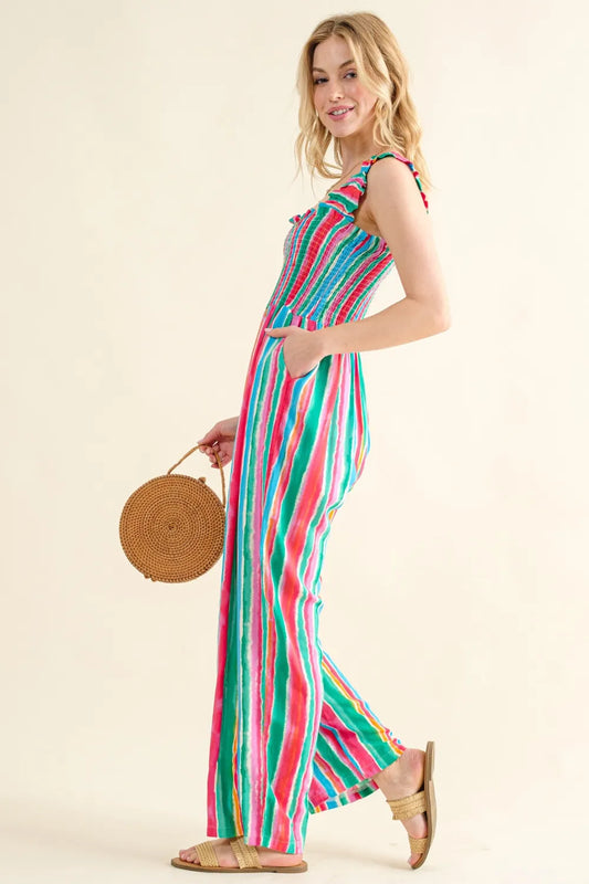 Striped Smocked Sleeveless Jumpsuit - 100% Rayon Full Length bee54971-ca4d-4473-af6c-8304b89cd1aa-Max