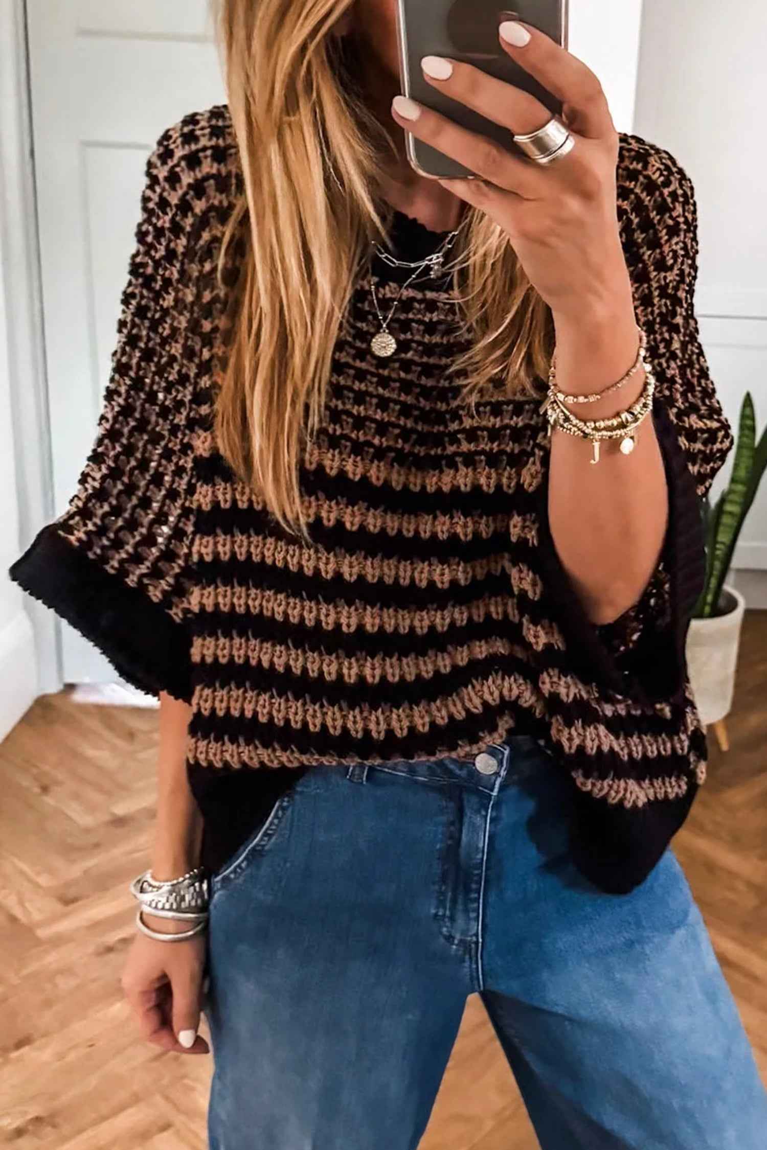 Black Stripe 3/4 Draped Sleeve Slouchy Sweater Black Stripe 100%Acrylic bee80d55b369a1df