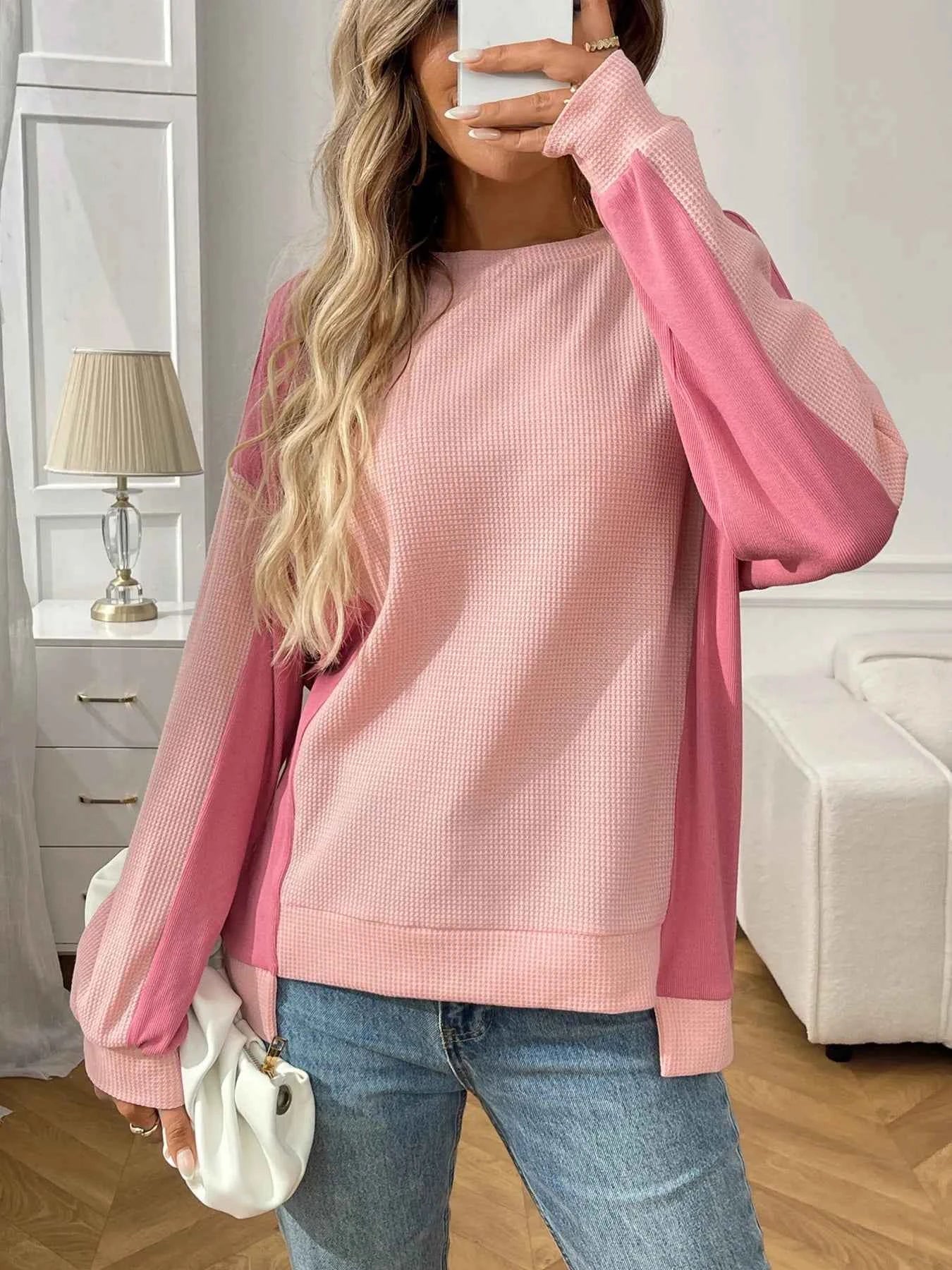 Color Block Long Sleeve Sweatshirt Pink bee811e0bce34066b20939a1e6bb1a24-Max-Origin