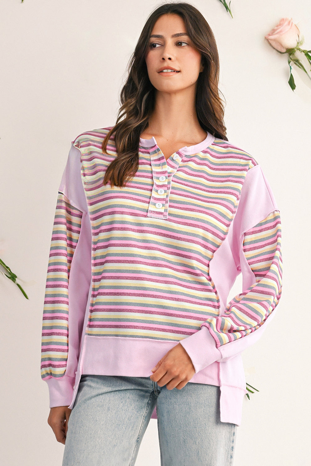 Pink Striped Patchwork Button V Neck Pullover Sweatshirt bee909c794b3b313