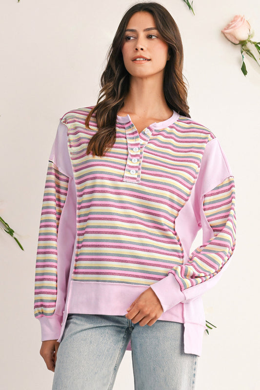 Pink Striped Patchwork Button V Neck Pullover Sweatshirt bee909c794b3b313