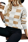 Khaki Checkered Crew Neck Drop Shoulder Knit Sweater Khaki 50%Viscose+28%Polyester+22%Polyamide beef654b2556f234