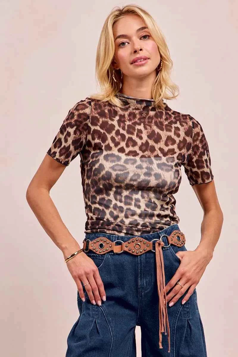 BiBi High Neck Leopard Mesh Short Sleeves Top LEOPARD bef023ce7a8a442590d082bb5626ed54-Max-Origin