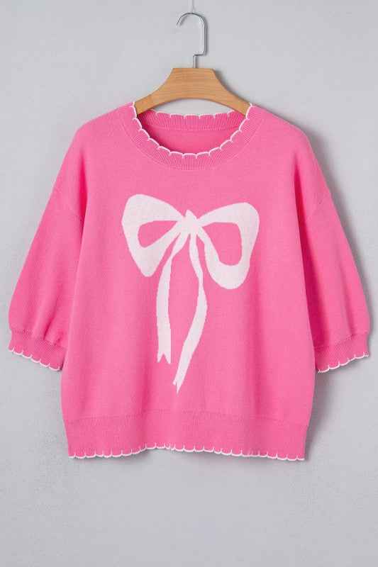 Bow Tie Contrast Stitch 3/4 Sleeve Sweater Sachet Pink bef72f4f-bcfa-436d-8b93-e65242ea8dd5