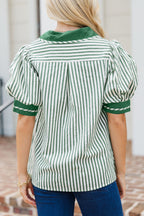 Khaki Stripe Collared Split Neck Short Bubble Sleeve Blouse bef8d226b1d9b82d