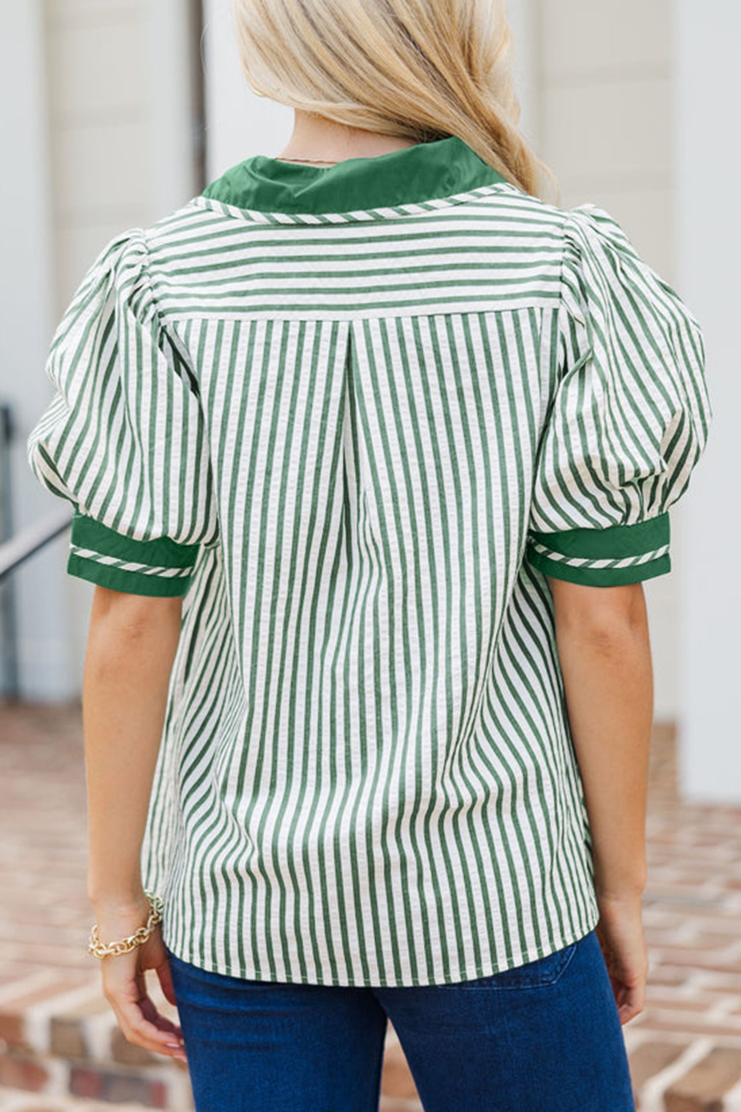 Khaki Stripe Collared Split Neck Short Bubble Sleeve Blouse bef8d226b1d9b82d