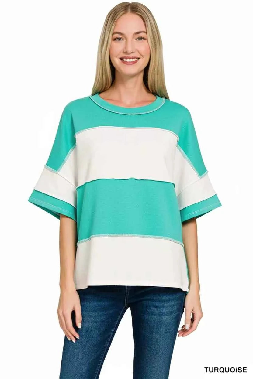 Zenana French Terry Color Block Exposed Seam Top bef8d3e3-9a43-4412-ac82-32e1c3fea800-Max-Origin
