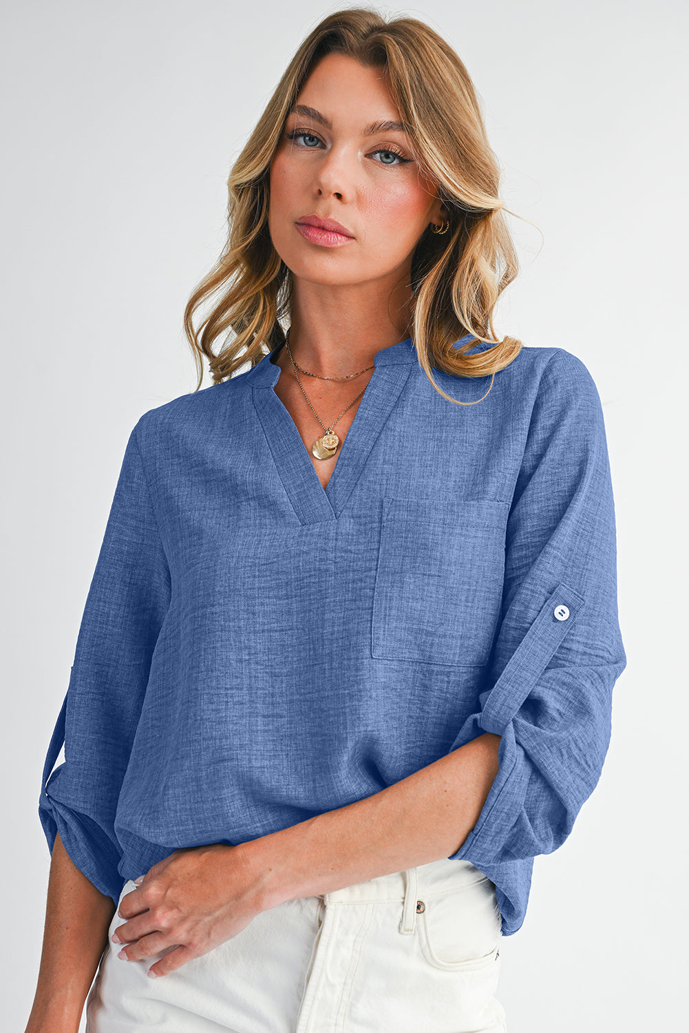 Ashleigh Blue Chest Pocket V Neck Plain Roll-up Sleeve Blouse bef8e1fb086ffca1