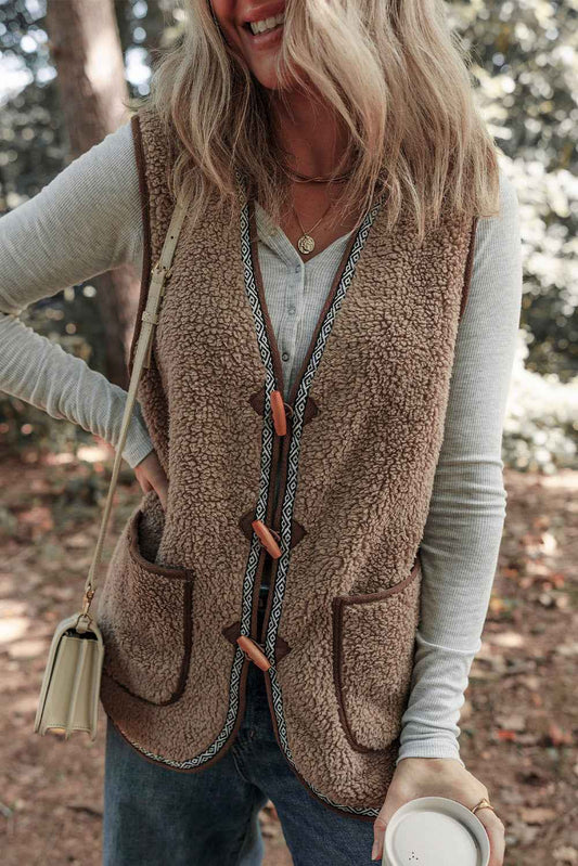 Dark Khaki Sherpa Contrast Trim Patch Pocket Cartridge Toggle Button Vest Dark Khaki 100%Polyester befcbe0f35aabfc1