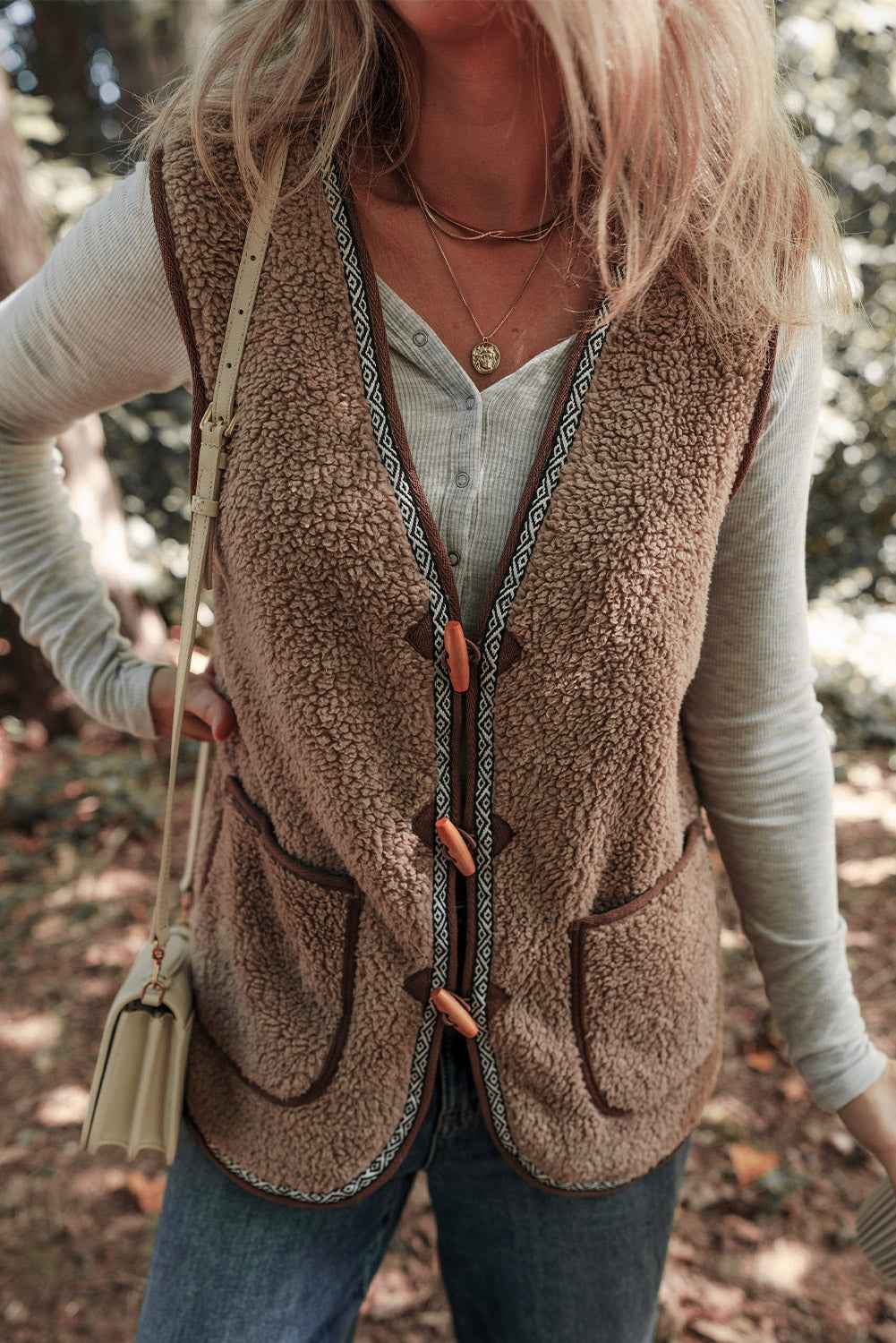 Dark Khaki Sherpa Contrast Trim Patch Pocket Cartridge Toggle Button Vest befccaa0f1a2fb4b