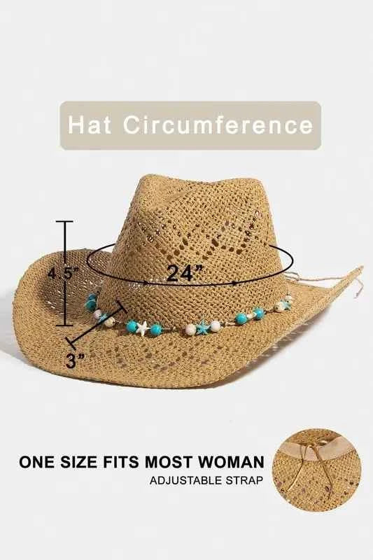 Fame Turquoise and Shell Star Beads Strap Western Straw Hat bf06dcae-70fa-4295-b040-86af5b369591-Max-Origin
