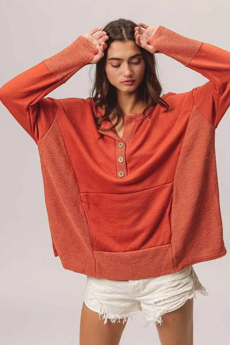 French Terry Knit Side Block Buttoned Henley Top bf093b8b2e5b4a0d99ddc9b25d8ae72e-Max-Origin