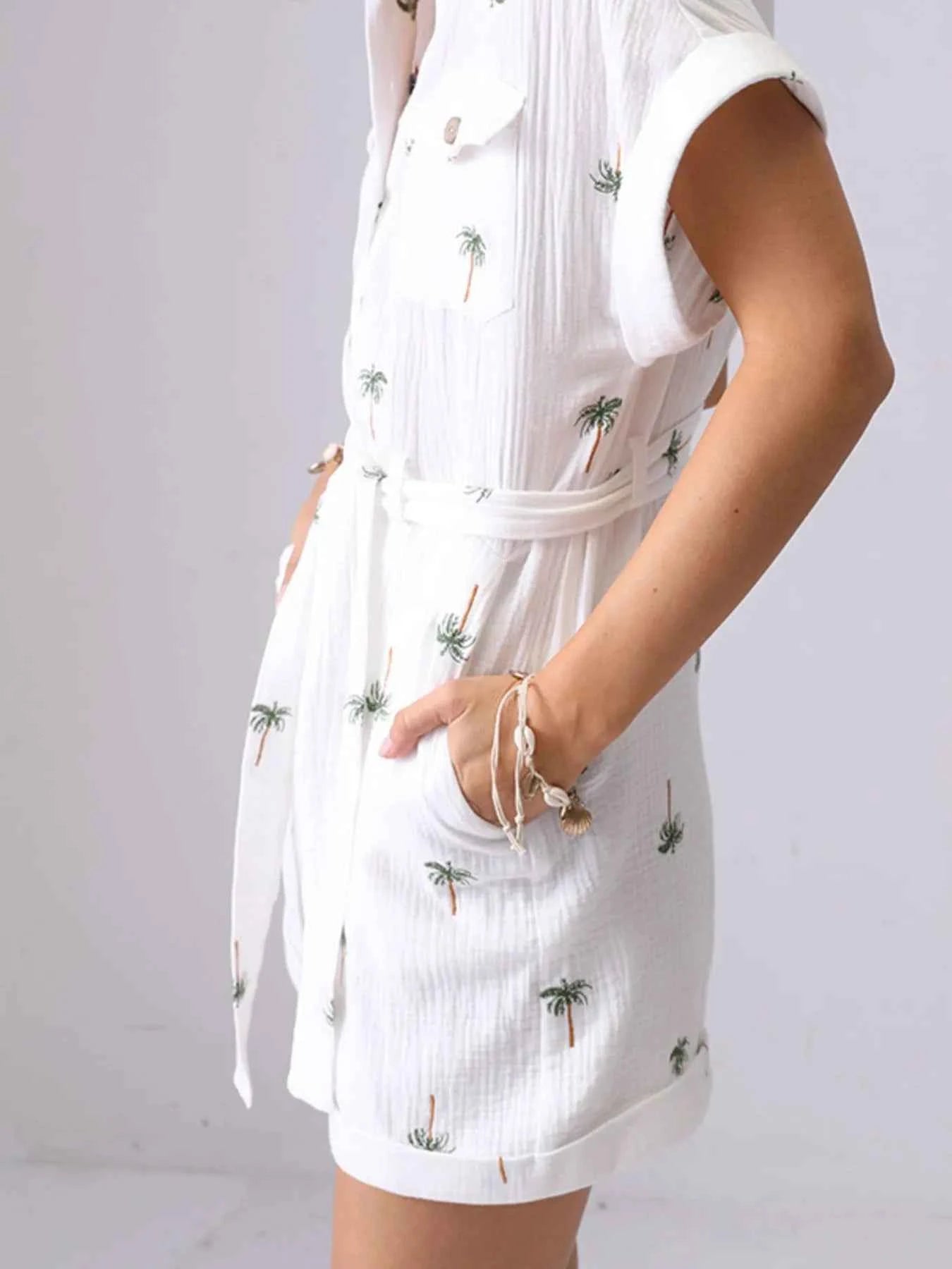 Palm Tree Print Short Sleeve Button-Up Romper with Belt bf0a71de-7d6d-456c-a7e2-53bc0f9127c6-Max-Origin