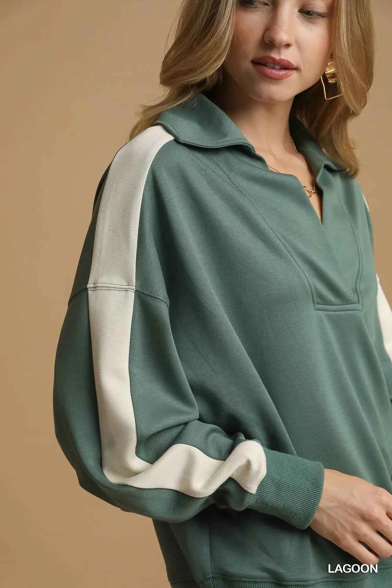 Umgee Contrast Long Sleeve Sweatshirt with Collar bf0deb37-2374-4d4e-bac7-686bf5fcf7a1-Max-Origin