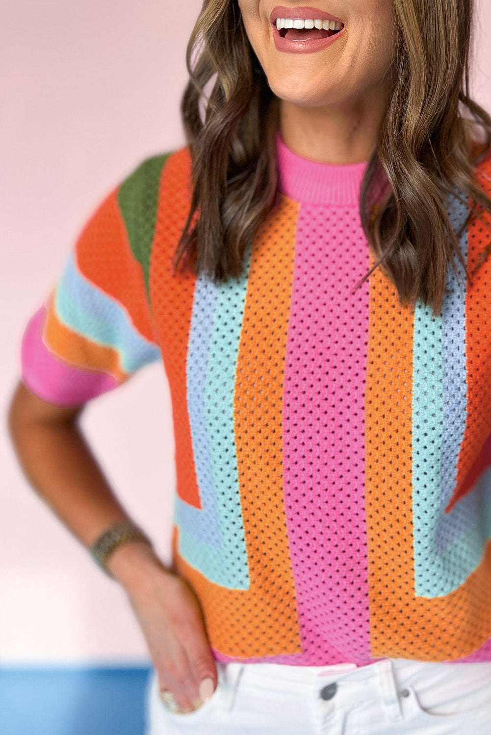 Orange Colorblock Eyelet Casual Knit T Shirt bf0ec78ee86b44fc-_5