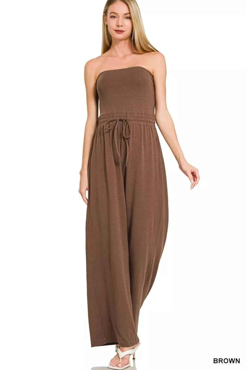 Zenana Tube Top Jumpsuit with Drawstring Waist BROWN bf13f8a691b74d158ce2bb64b51caa7a-Max-Origin